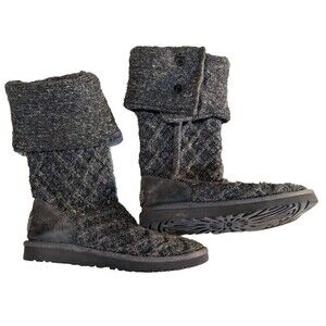 UGG Women's Cardy Boot Size 8 Lattice Knit Tall Pull On Gray Fabric Slouch Comfy